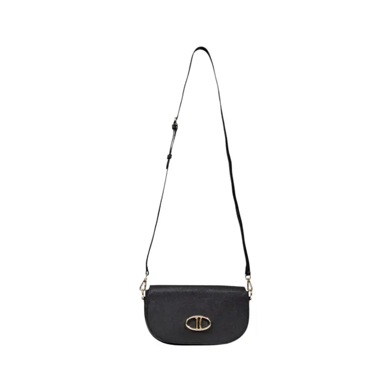 Alviero Martini Prima Classe black leather crossbody shoulder bag for women with gold-tone oval clasp and adjustable strap