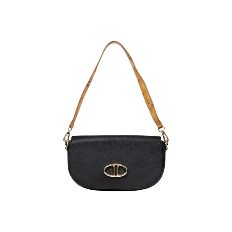 Alviero Martini Prima Classe black leather shoulder bag with gold clasp and map strap