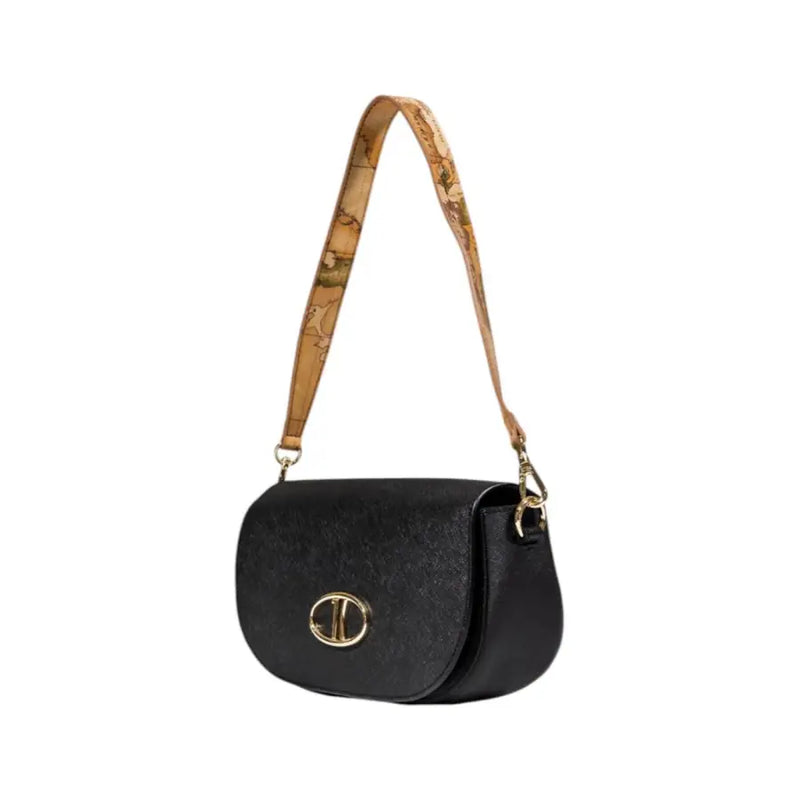 Alviero Martini Prima Classe black textured crossbody bag with gold logo clasp and patterned tan shoulder strap for women