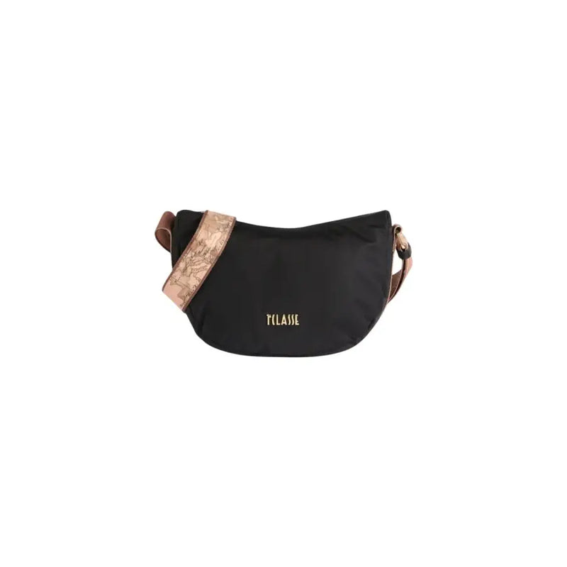 Black nylon Alviero Martini Prima Classe crossbody bag with rose gold patterned strap and brown leather accents