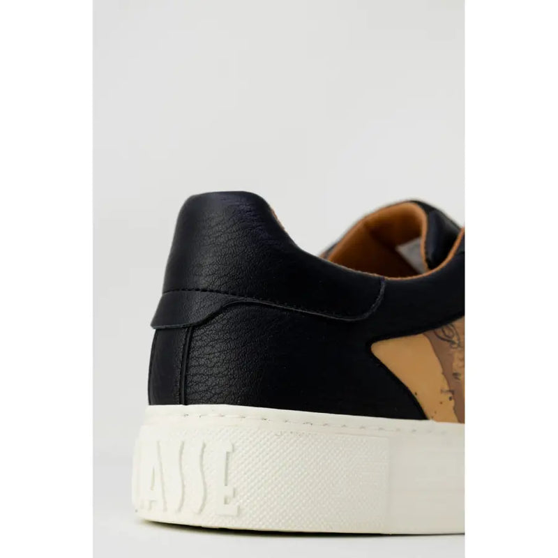 Alviero Martini Prima Classe black slip-on sneaker with white rubber sole tan leather accent panel for women