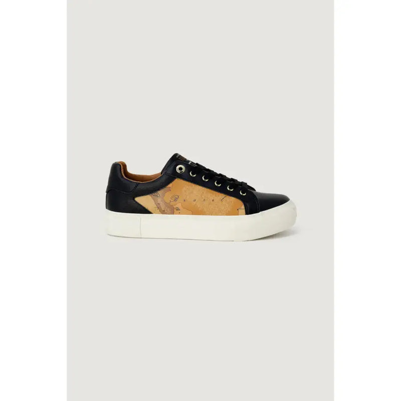 Alviero Martini Prima Classe black leather low-top slip-on sneakers with tan map print panel and white platform sole for women