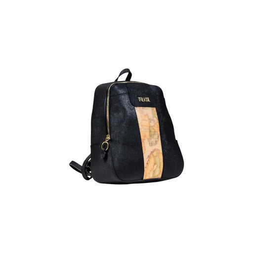 Black leather backpack with beige map print accent and gold-tone hardware by Alviero Martini Prima Classe