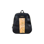 Alviero Martini Prima Classe Black Zip Women Bag with black leather and beige map print panel