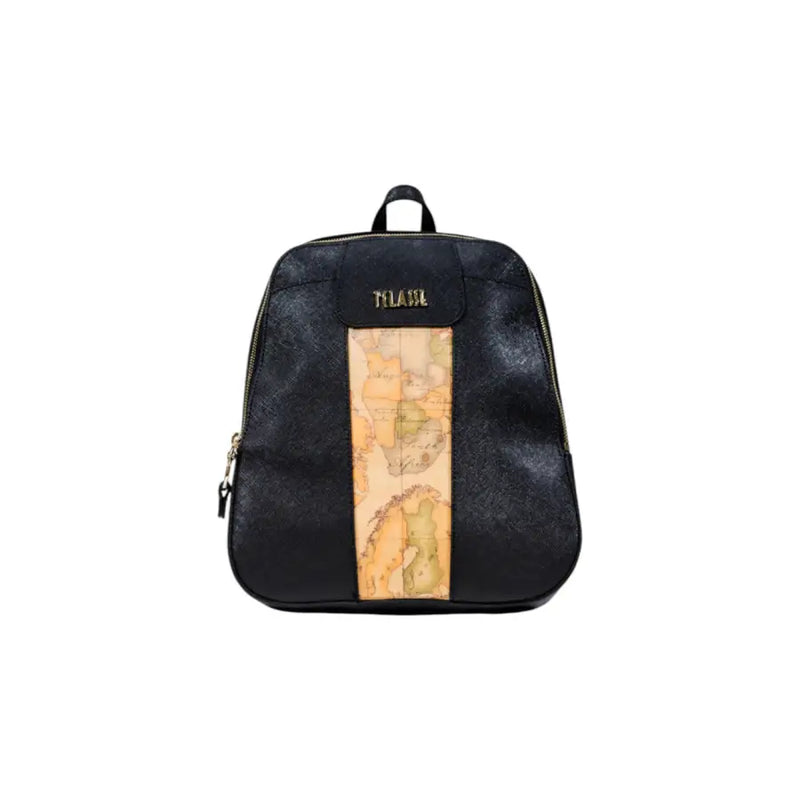 Alviero Martini Prima Classe Black Zip Women Bag with black leather and beige map print panel