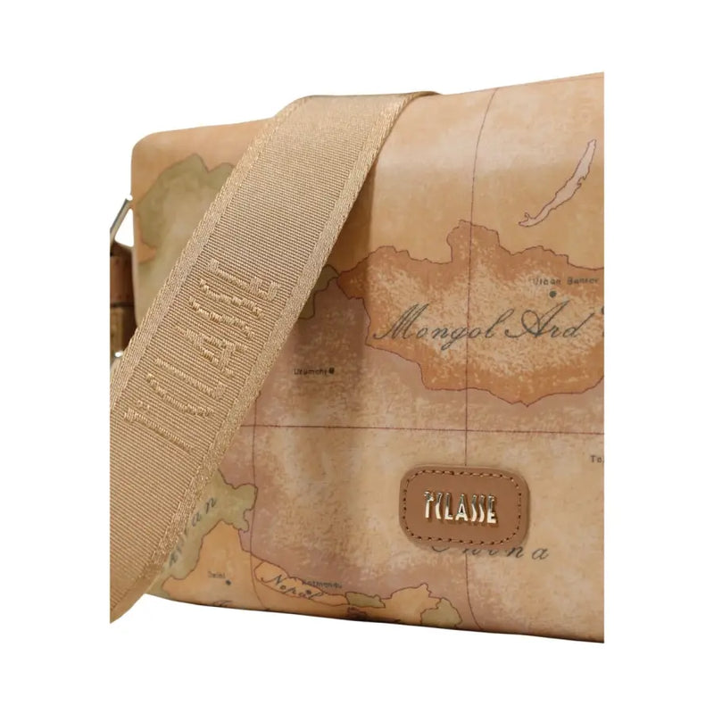 Alviero Martini Prima Classe beige map print crossbody bag with gold logo plaque