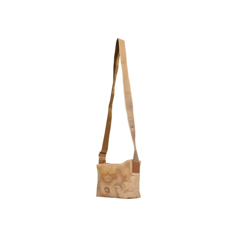Beige alviero martini prima classe crossbody bag with vintage world map print and tan fabric shoulder strap