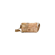 Beige Alviero Martini Prima Classe crossbody bag with vintage world map print and tan fabric strap with zip closure