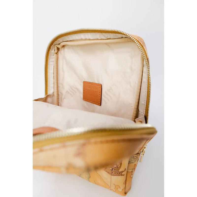 Alviero Martini Prima Classe men beige crossbody bag with vintage map print and gold-toned zipper trim exterior