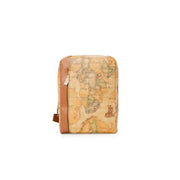 Alviero Martini Prima Classe men beige crossbody bag in tan leather with vintage-style world map print