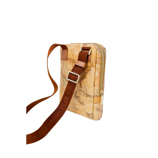 Alviero Martini Prima Classe Herren-Umhängetasche in Beige mit braunem Lederriemen im Kartenmuster und goldfarbenem Reißverschluss
