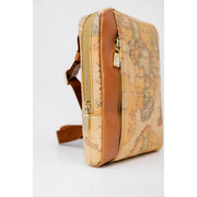 Alviero Martini Prima Classe men beige crossbody bag with map pattern brown leather trim and gold-tone zippers