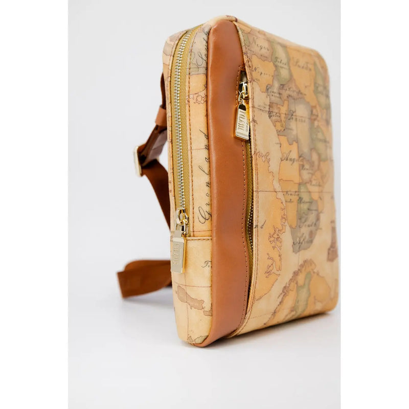 Alviero Martini Prima Classe men beige crossbody bag with map pattern brown leather trim and gold-tone zippers