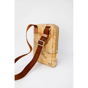Alviero Martini Prima Classe men beige crossbody bag with tan map pattern, brown leather strap, and gold-tone zipper