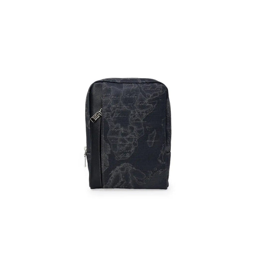 Alviero Martini Prima Classe Herren-Schultertasche, schwarz mit dezentem grauem Weltkartenprint und silberfarbenen Reißverschlüssen, B 27 cm