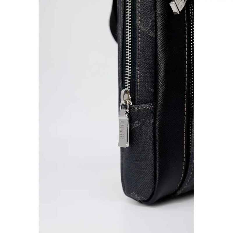 Alviero Martini Prima Classe men shoulder bag black leather briefcase with silver zipper and pull tab w27cm
