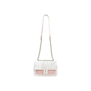 Alviero Martini Prima Classe white lace crossbody bag with pink leather accents and gold-tone YSL logo clasp