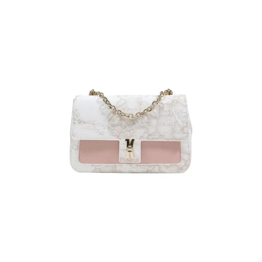 Alviero martini prima classe white print bag with white floral pattern pink panels and gold chain strap