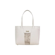A sleek white leather Alviero Martini Prima Classe tote bag with a transparent panel and plasse brand embossing