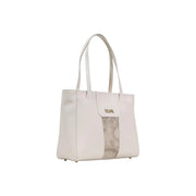 A sleek white leather tote bag by Alviero Martini Prima Classe featuring a transparent marble panel and gold-tone branding
