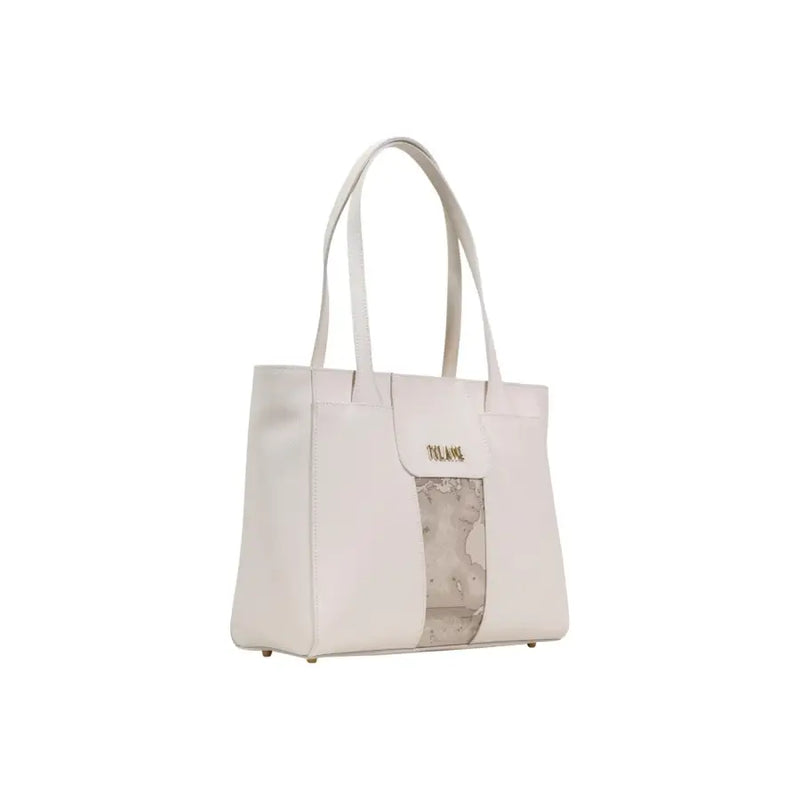 A sleek white leather tote bag by Alviero Martini Prima Classe featuring a transparent marble panel and gold-tone branding