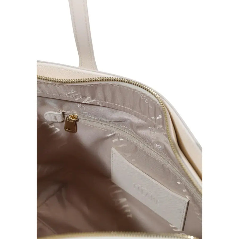 Cream-colored leather Alviero Martini Prima Classe tote bag with gold-tone zipper and small white tag inside