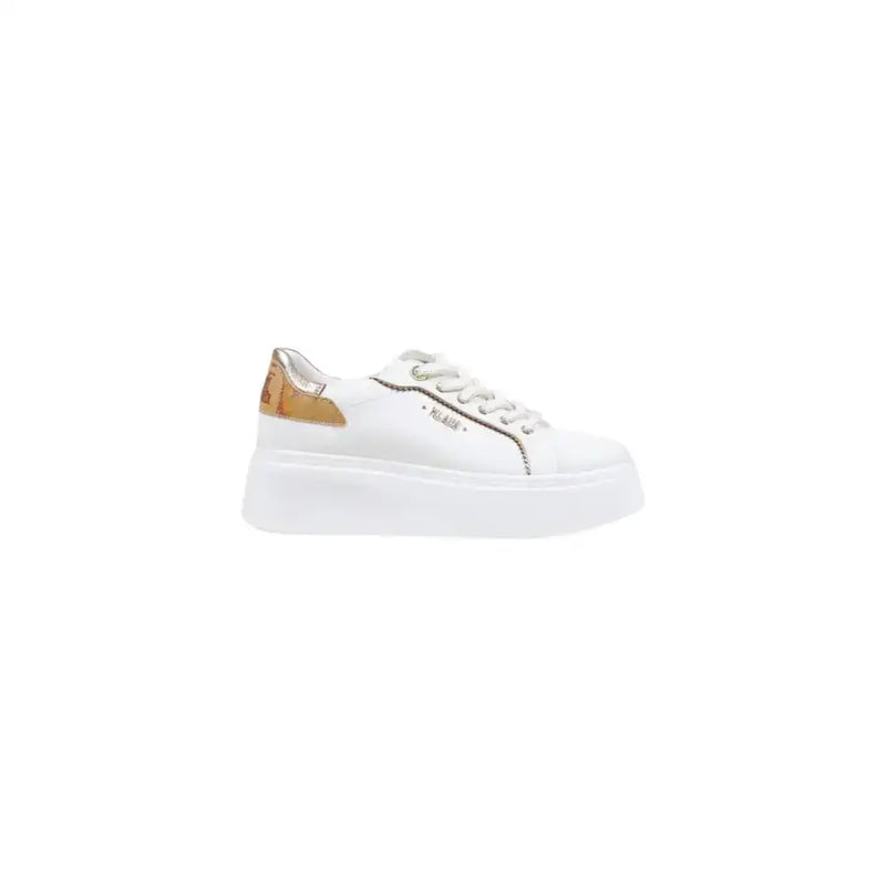 Alviero Martini Prima Classe white sporty women sneakers with gold heel tab and silver stitching