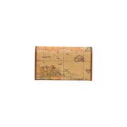 Alviero Martini Prima Classe women beige leather zip wallet featuring a vintage sepia world map with green and orange accents