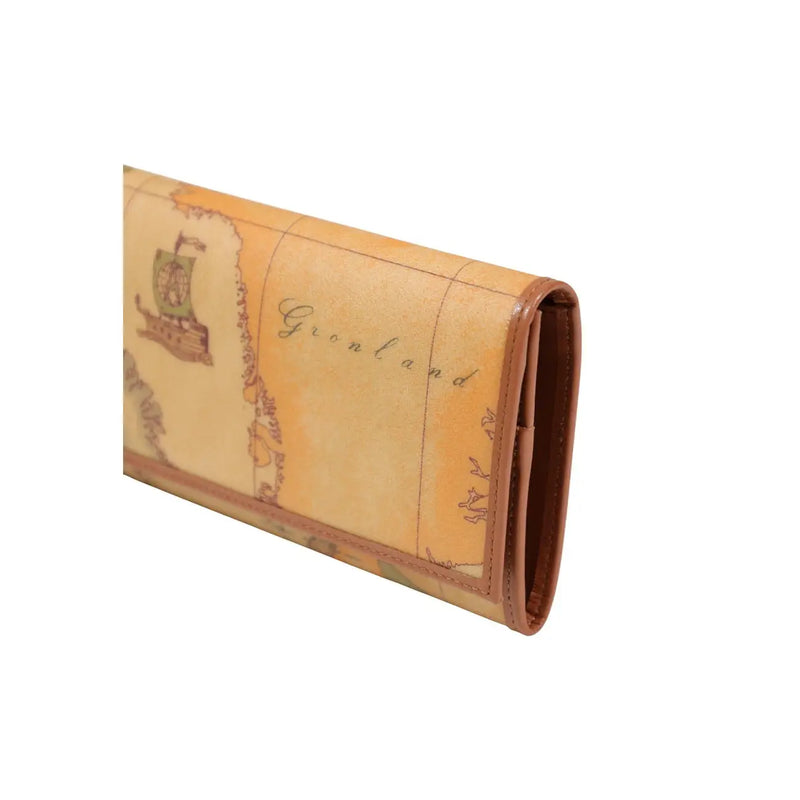 Alviero Martini Prima Classe beige leather zip wallet with vintage map design and ship illustration gronland script