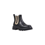 Alviero Martini Prima Classe black leather Chelsea ankle boots with beige map-patterned elastic panels and chunky rubber sole