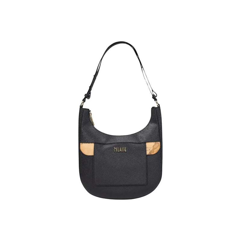 Alviero Martini Prima Classe women black leather hobo shoulder bag with tan cork accents and gold-tone klasse logo