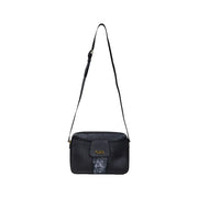 Black rectangular shoulder bag with patterned flap and zip closure by Alviero Martini Prima Classe