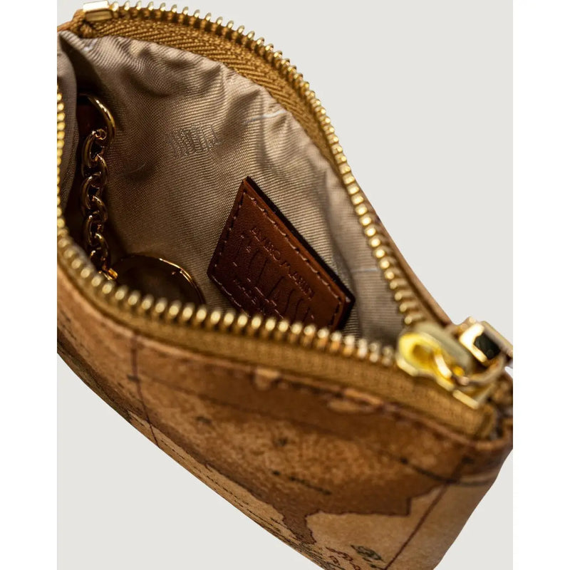 A tan cork Alviero Martini Prima Classe small leather wallet with gold zipper and map design in beige