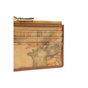 Alviero Martini Prima Classe women leather beige wallet featuring vintage map design in tan and green with gold zipper pull