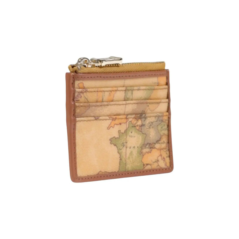 Alviero Martini Prima Classe women leather beige wallet featuring a compact tan leather cardholder with vintage world map print