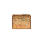 Alviero Martini Prima Classe women leather beige wallet featuring compact tan leather and vintage world map print