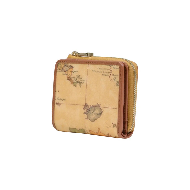Alviero martini prima classe women leather wallet in beige small size with vintage map pattern and gold-toned zipper