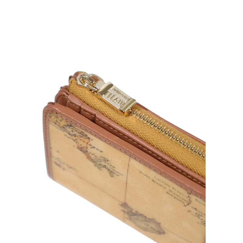 Alviero Martini Prima Classe women leather wallet beige small size tan leather with vintage map print and gold zipper pull