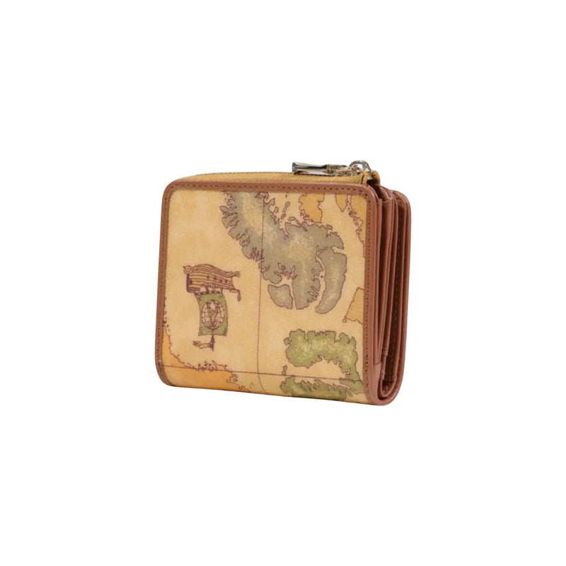 Alviero Martini Prima Classe women leather wallet beige small size with tan leather and vintage map design accents