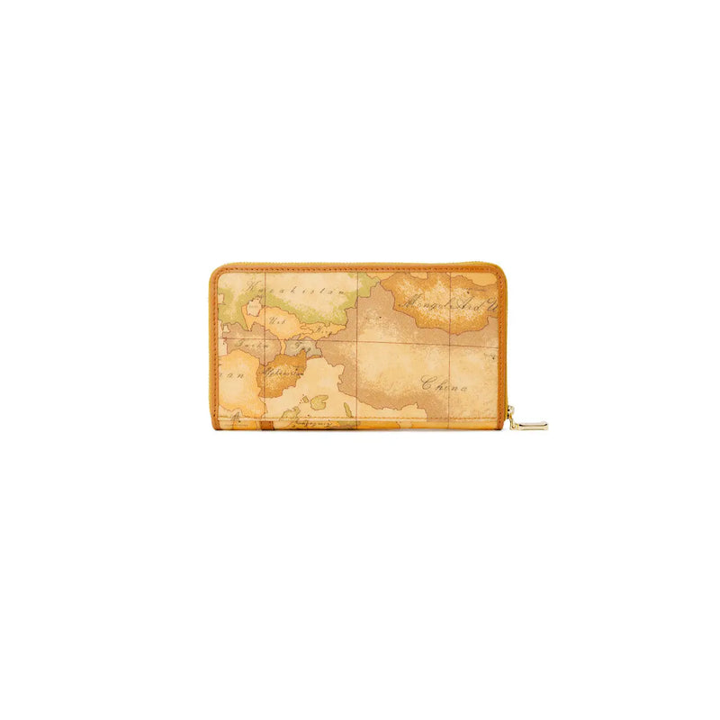 A tan leather Alviero Martini Prima Classe women zip wallet with vintage world map print and gold-trimmed edges