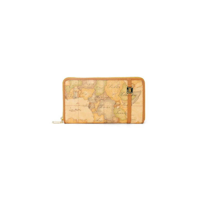 Alviero Martini Prima Classe women leather zip wallet beige with tan leather and vintage world map print