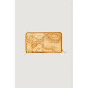 A tan leather zip wallet by alviero martini featuring a vintage world map design with faded sepia tones and gold zipper