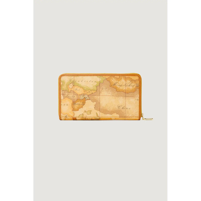 A tan leather zip wallet by alviero martini featuring a vintage world map design with faded sepia tones and gold zipper