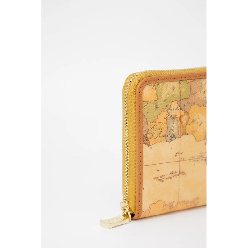 Alviero Martini Prima Classe women leather zip wallet beige with vintage map print and tan olive green accents