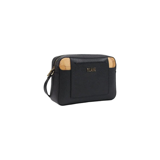 Alviero Martini Prima Classe Damen-Schultertasche, schwarz, Mala-Crossbody-Tasche aus schwarzem Leder mit hellbraunen Korkapplikationen und goldfarbenen Beschlägen