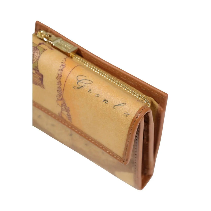 Alviero Martini Prima Classe women wallet beige tan leather with vintage map design gold zipper and stitching 12x10x2 cm