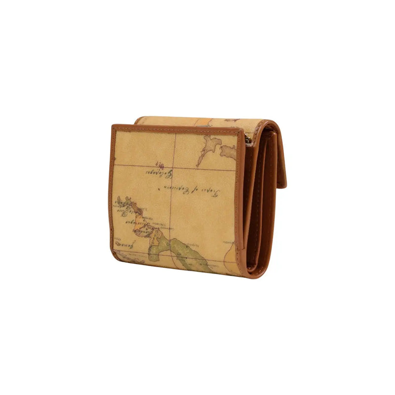 Alviero Martini Prima Classe women wallet beige tri fold with vintage map design and brown leather trim 12x10x2 cm