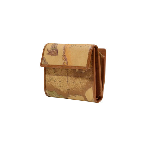 Alviero Martini Prima Classe Damen-Geldbörse aus beigebraunem Leder mit detailliertem, sepiafarbenem Kartenmotiv, 12 x 10 x 2 cm