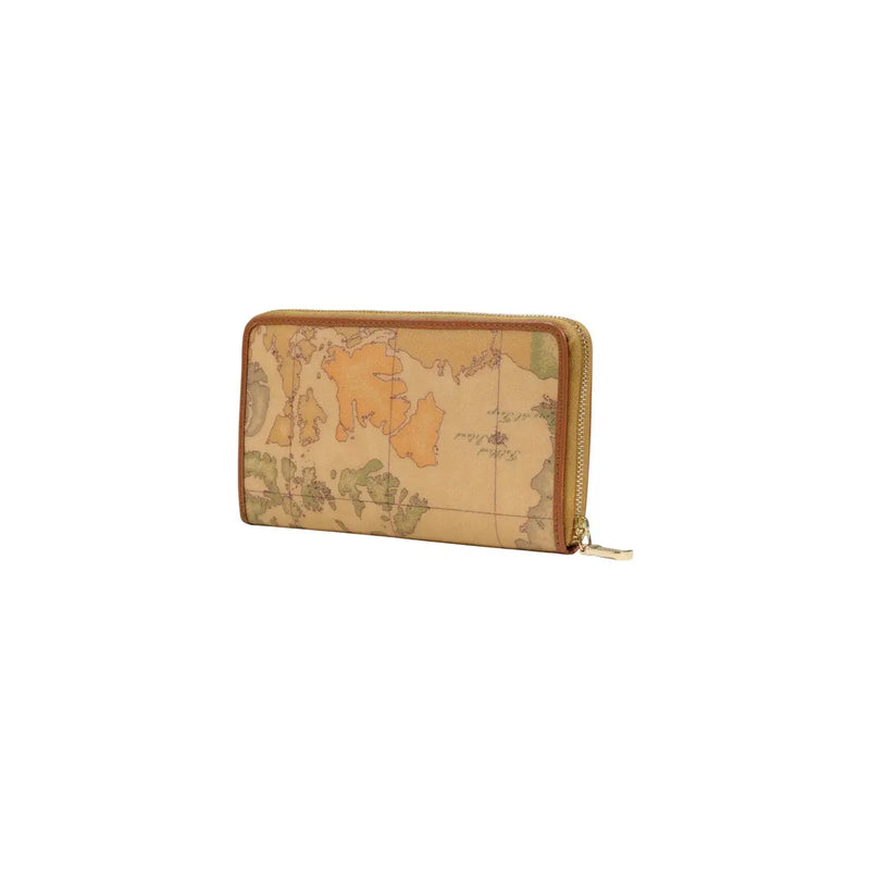 Alviero Martini Prima Classe women wallet beige leather with rectangular zippered vintage world map print and tan trim