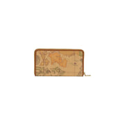 Alviero Martini Prima Classe women wallet beige leather with vintage world map print and tan leather trim rectangular zippered